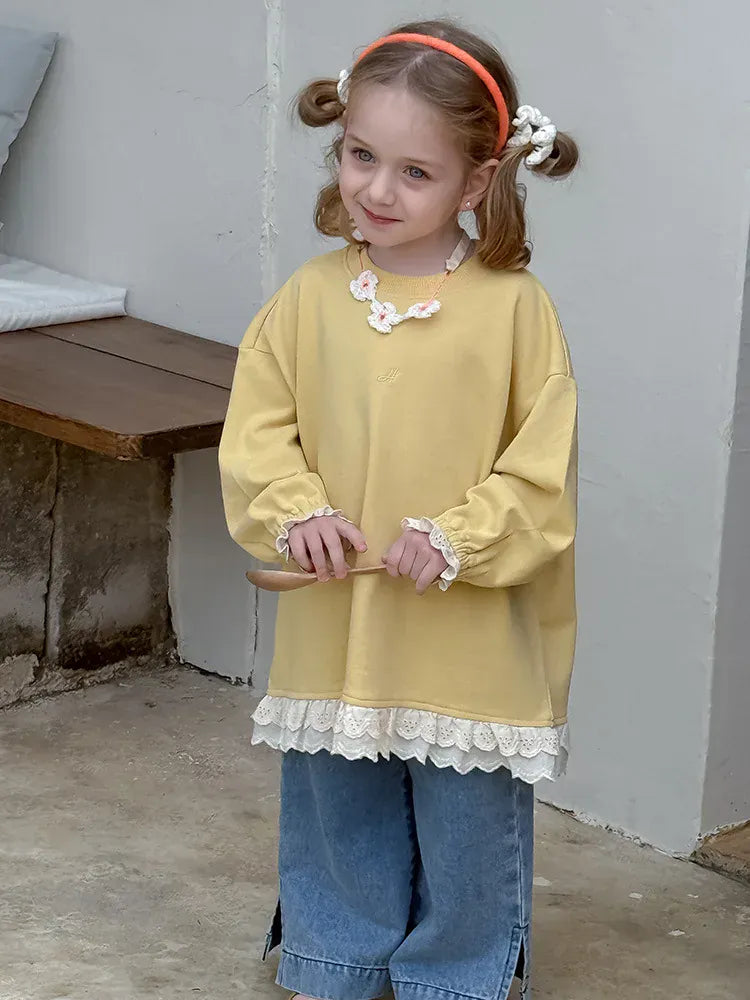 長袖Tシャツ キッズトップス 裾レースフリル長袖チュニックスウェットTシャツ【mh-0008672】