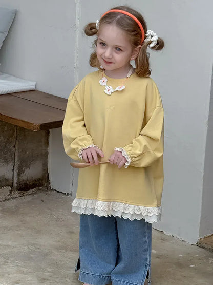 長袖Tシャツ キッズトップス 裾レースフリル長袖チュニックスウェットTシャツ【mh-0008672】