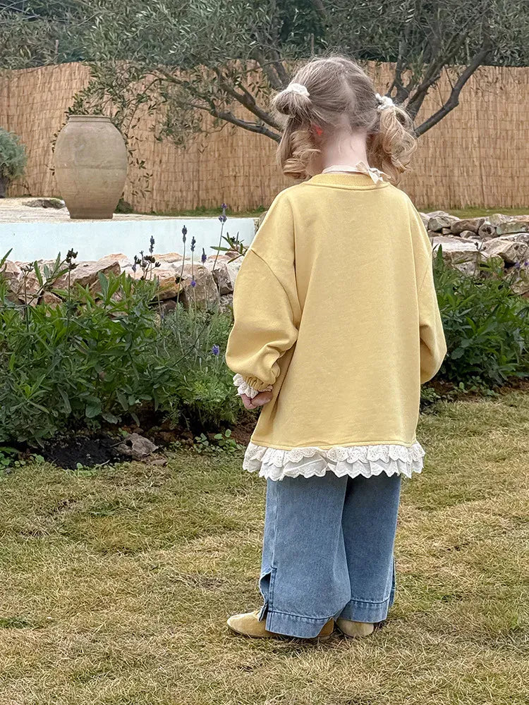 長袖Tシャツ キッズトップス 裾レースフリル長袖チュニックスウェットTシャツ【mh-0008672】