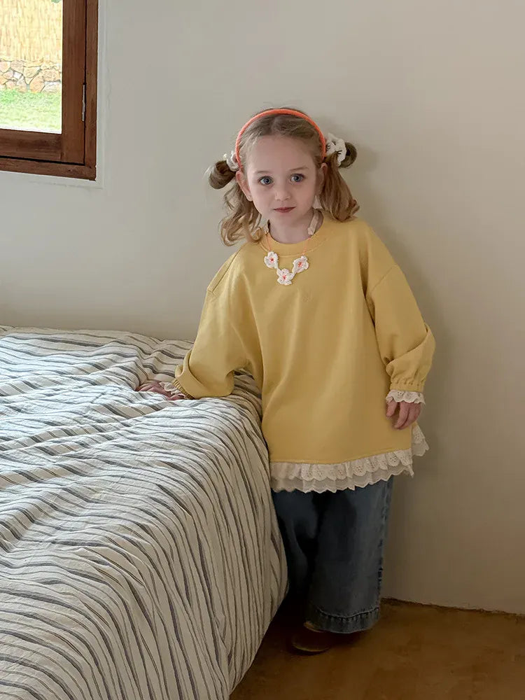 長袖Tシャツ キッズトップス 裾レースフリル長袖チュニックスウェットTシャツ【mh-0008672】