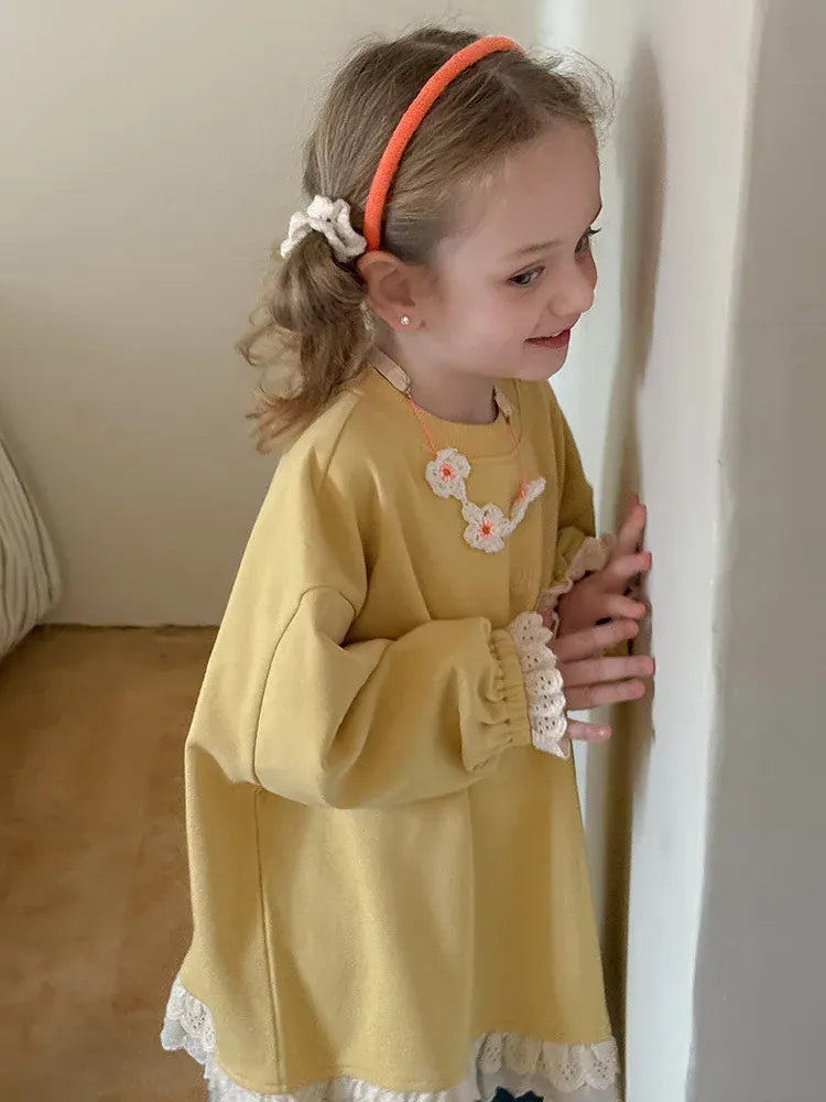 長袖Tシャツ キッズトップス 裾レースフリル長袖チュニックスウェットTシャツ【mh-0008672】