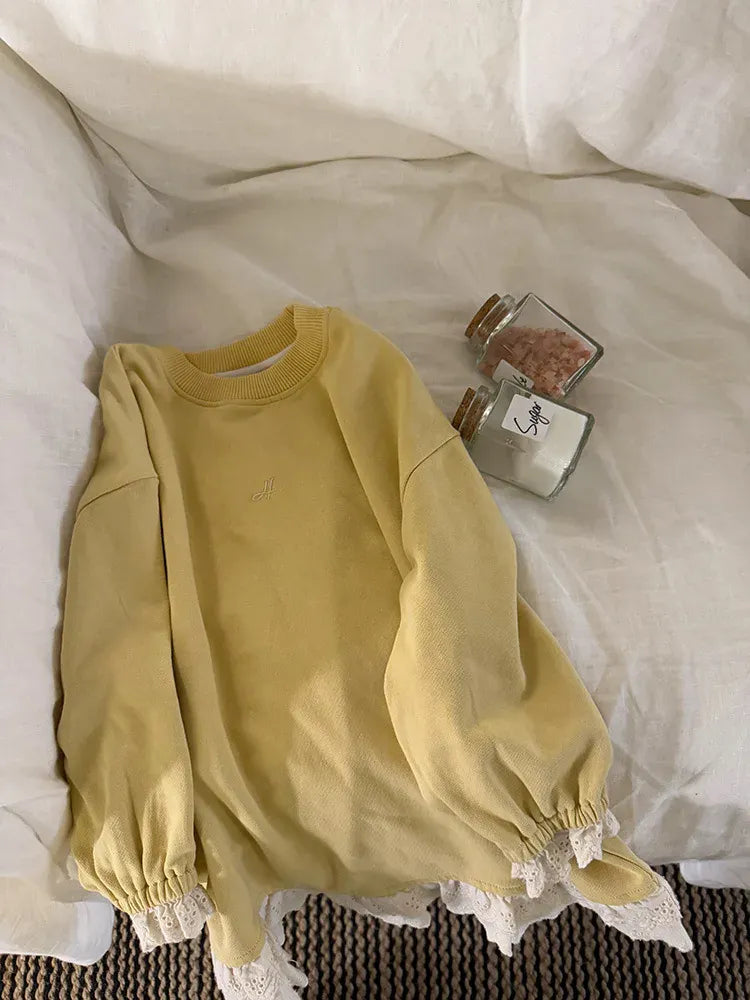 長袖Tシャツ キッズトップス 裾レースフリル長袖チュニックスウェットTシャツ【mh-0008672】