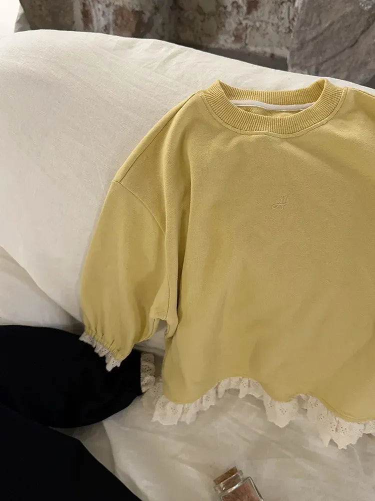 長袖Tシャツ キッズトップス 裾レースフリル長袖チュニックスウェットTシャツ【mh-0008672】