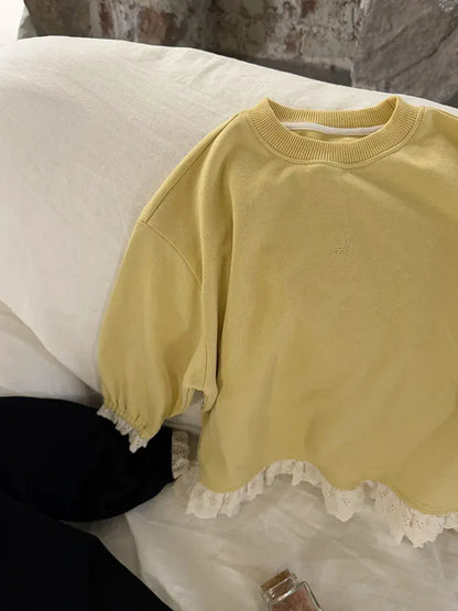 長袖Tシャツ キッズトップス 裾レースフリル長袖チュニックスウェットTシャツ【mh-0008672】