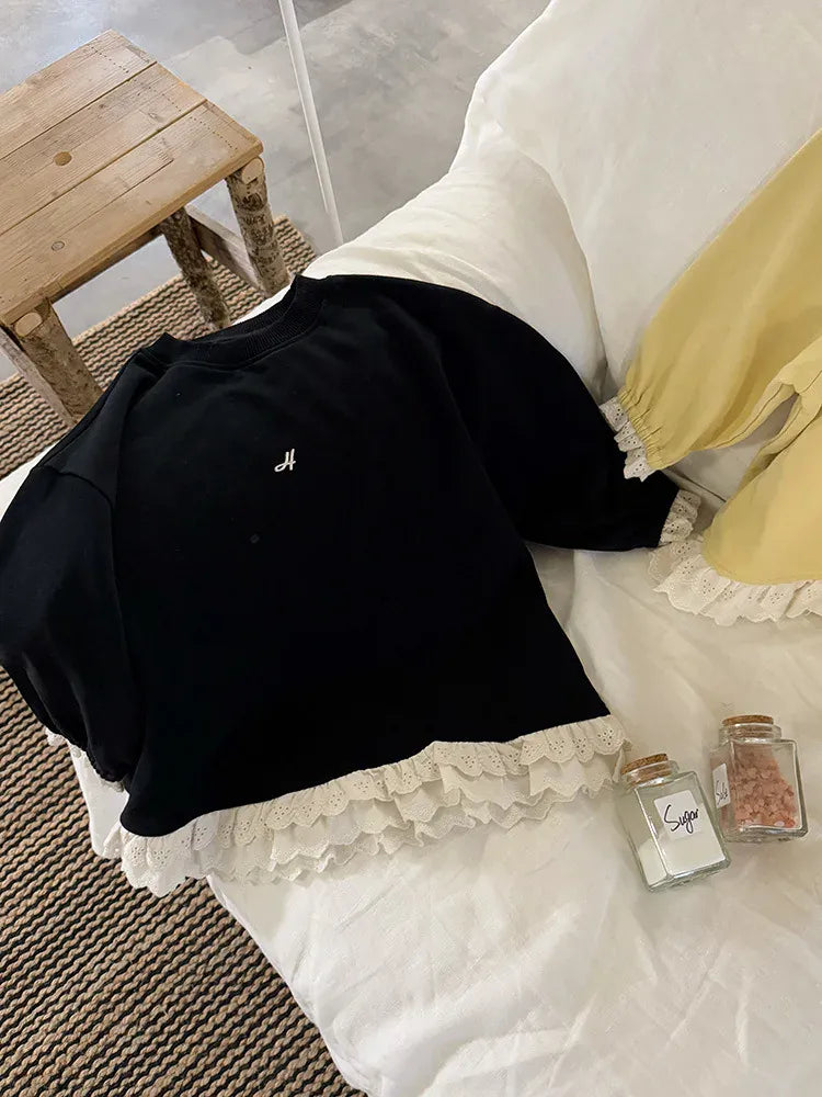 長袖Tシャツ キッズトップス 裾レースフリル長袖チュニックスウェットTシャツ【mh-0008672】