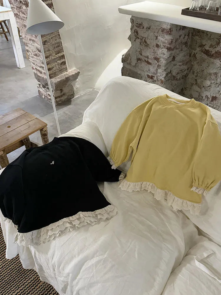 長袖Tシャツ キッズトップス 裾レースフリル長袖チュニックスウェットTシャツ【mh-0008672】