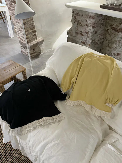 長袖Tシャツ キッズトップス 裾レースフリル長袖チュニックスウェットTシャツ【mh-0008672】