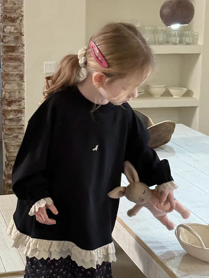 長袖Tシャツ キッズトップス 裾レースフリル長袖チュニックスウェットTシャツ【mh-0008672】