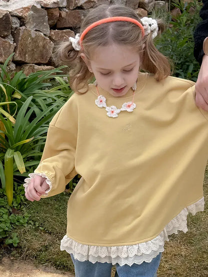 長袖Tシャツ キッズトップス 裾レースフリル長袖チュニックスウェットTシャツ【mh-0008672】