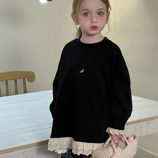 長袖Tシャツ キッズトップス 裾レースフリル長袖チュニックスウェットTシャツ【mh-0008672】