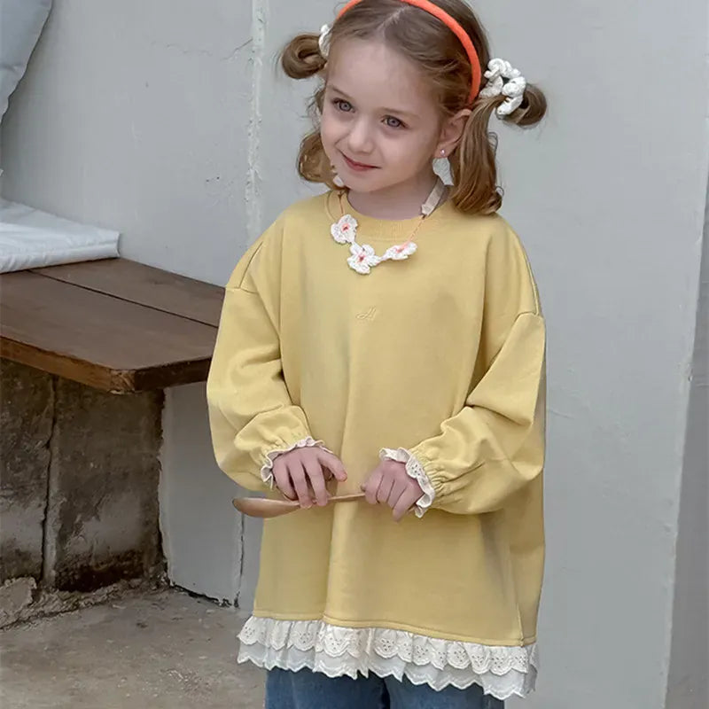 長袖Tシャツ キッズトップス 裾レースフリル長袖チュニックスウェットTシャツ【mh-0008672】