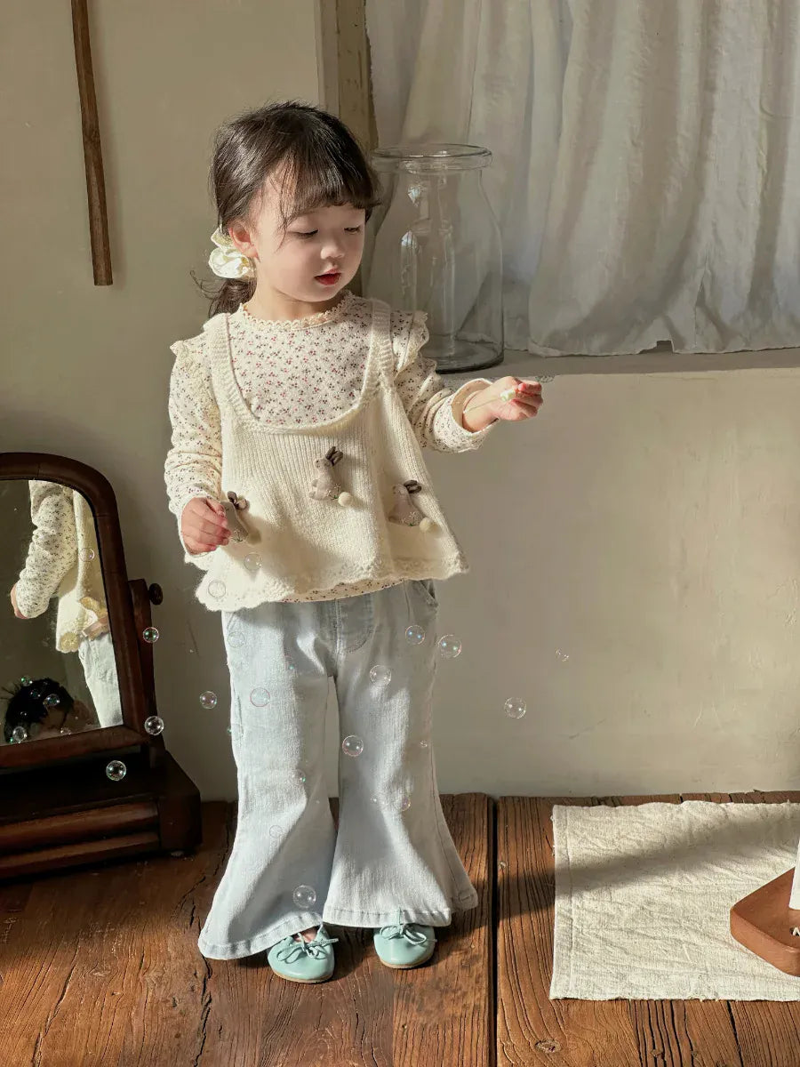 長袖Tシャツ キッズトップス フラワー花柄プリントレース縁取り長袖Tシャツ【mh-0008676】