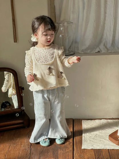 長袖Tシャツ キッズトップス フラワー花柄プリントレース縁取り長袖Tシャツ【mh-0008676】