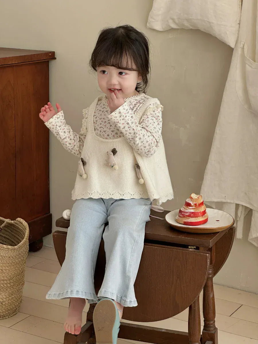 長袖Tシャツ キッズトップス フラワー花柄プリントレース縁取り長袖Tシャツ【mh-0008676】