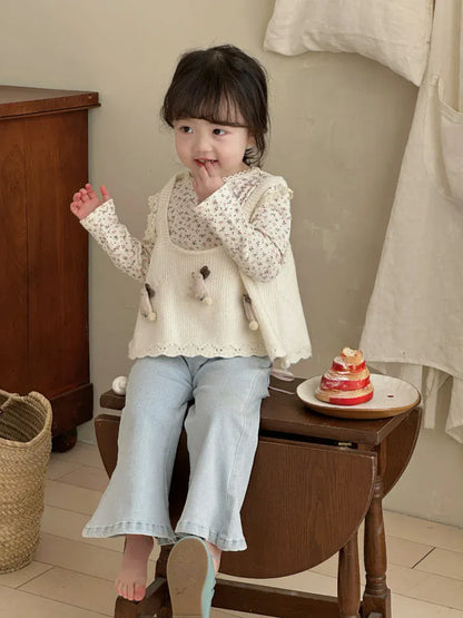 長袖Tシャツ キッズトップス フラワー花柄プリントレース縁取り長袖Tシャツ【mh-0008676】