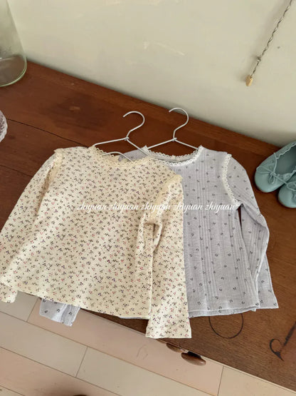 長袖Tシャツ キッズトップス フラワー花柄プリントレース縁取り長袖Tシャツ【mh-0008676】