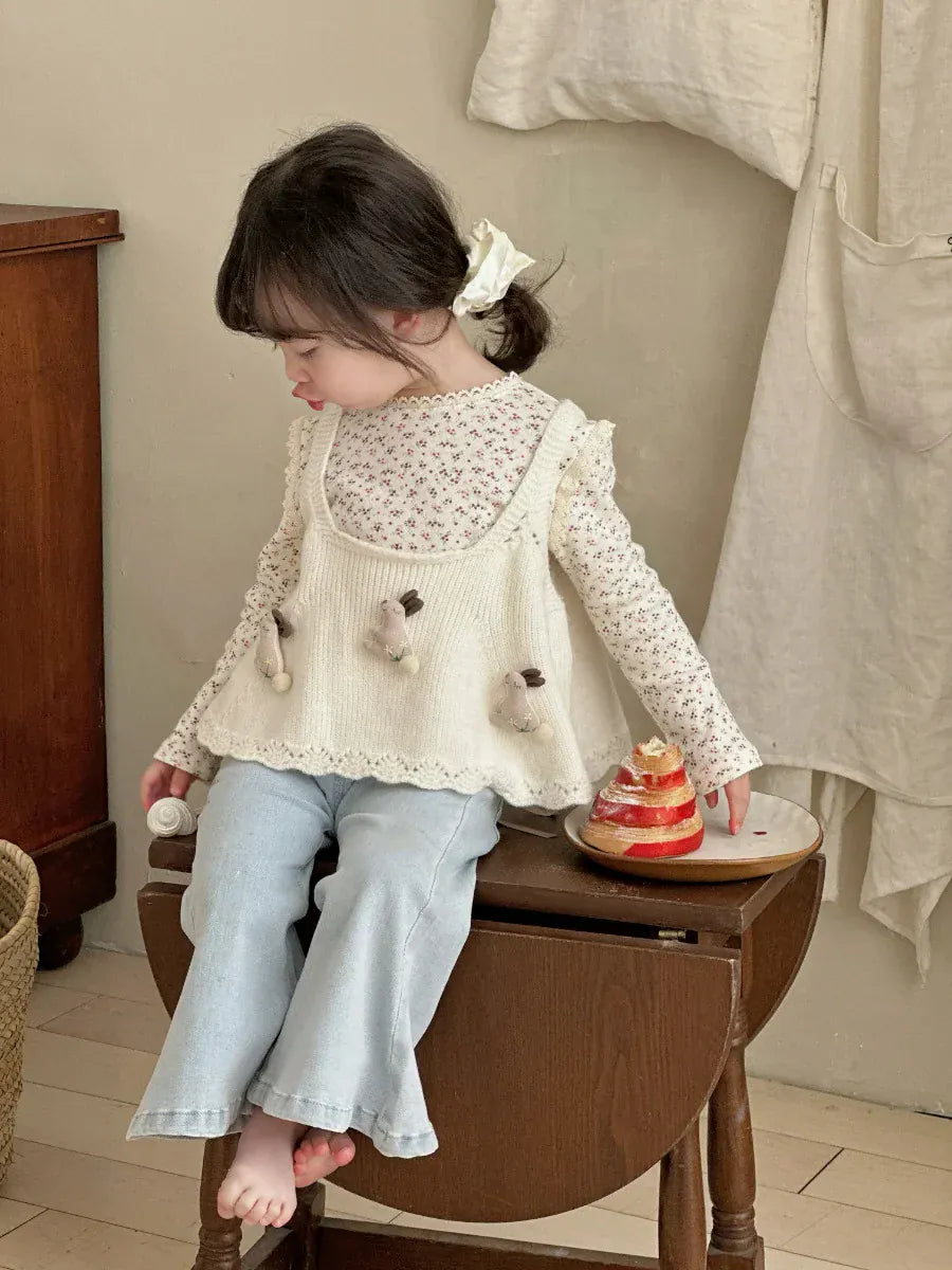 長袖Tシャツ キッズトップス フラワー花柄プリントレース縁取り長袖Tシャツ【mh-0008676】