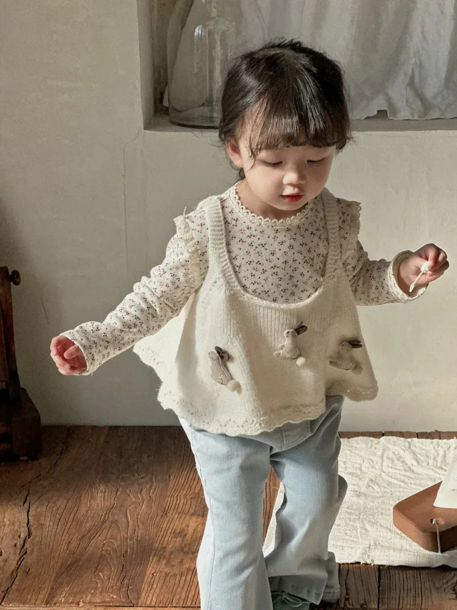 長袖Tシャツ キッズトップス フラワー花柄プリントレース縁取り長袖Tシャツ【mh-0008676】