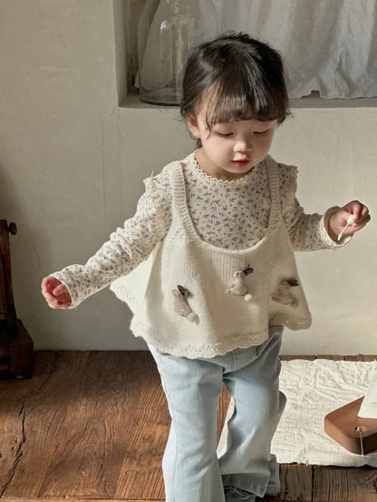 長袖Tシャツ キッズトップス フラワー花柄プリントレース縁取り長袖Tシャツ【mh-0008676】