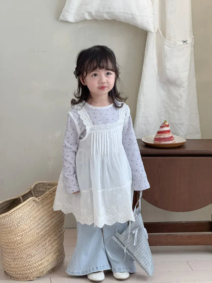 長袖Tシャツ キッズトップス フラワー花柄プリントレース縁取り長袖Tシャツ【mh-0008676】