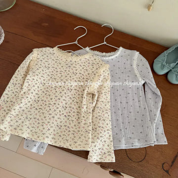 長袖Tシャツ キッズトップス フラワー花柄プリントレース縁取り長袖Tシャツ【mh-0008676】