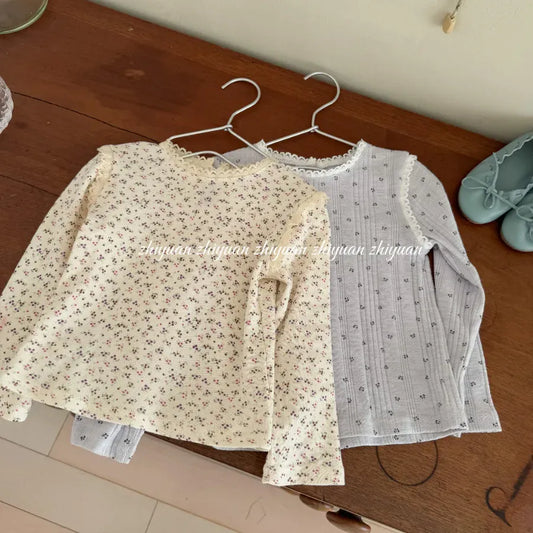 長袖Tシャツ キッズトップス フラワー花柄プリントレース縁取り長袖Tシャツ【mh-0008676】