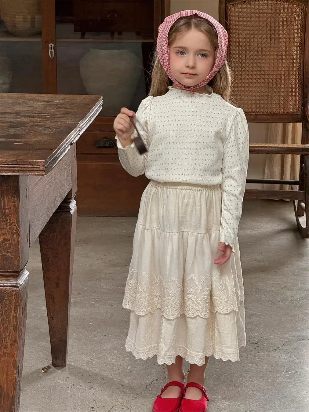 長袖Tシャツ キッズトップス フラワー小花柄ハイネック長袖パフスリーブカットソーTシャツ【mh-0008895】