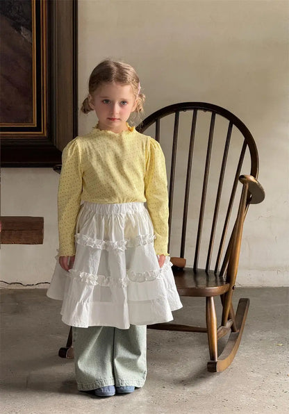 長袖Tシャツ キッズトップス フラワー小花柄ハイネック長袖パフスリーブカットソーTシャツ【mh-0008895】