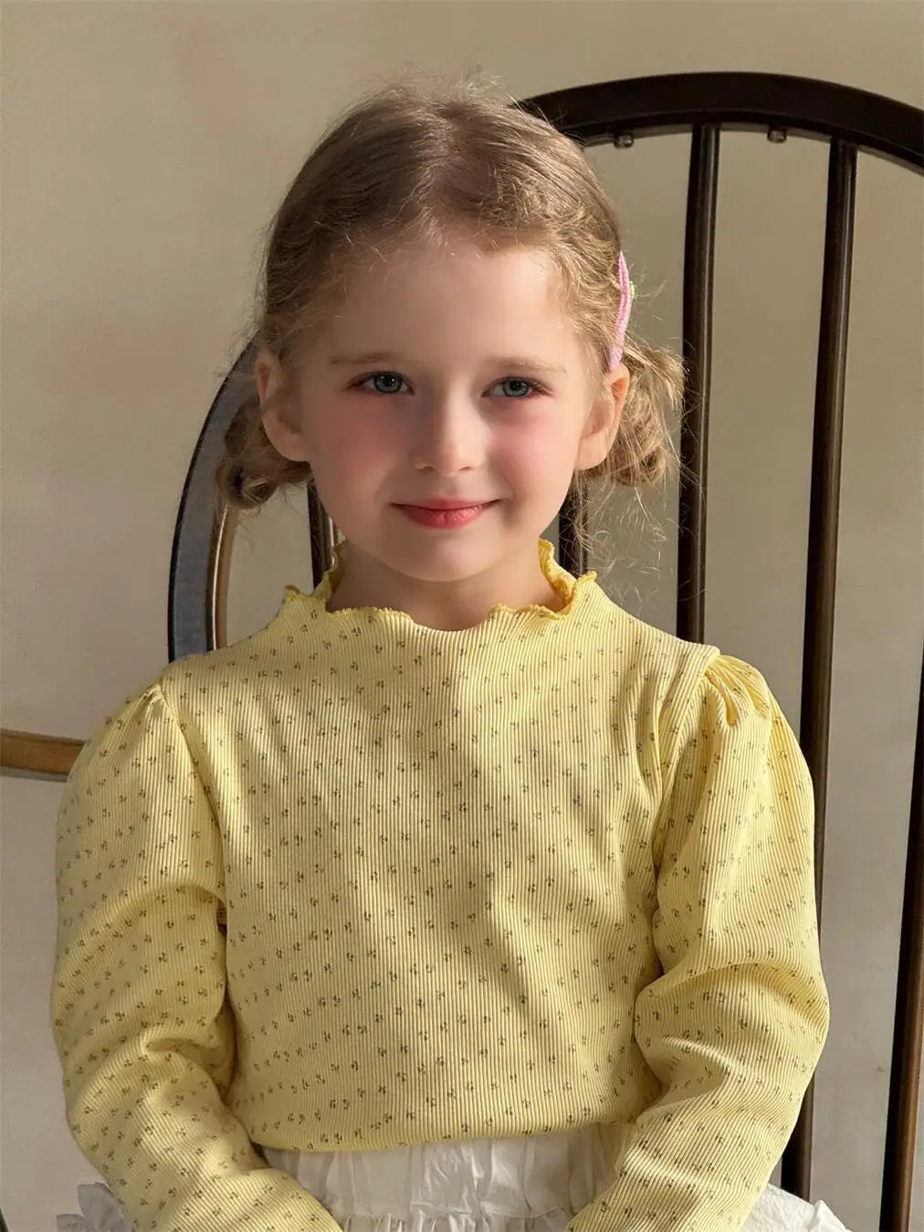 長袖Tシャツ キッズトップス フラワー小花柄ハイネック長袖パフスリーブカットソーTシャツ【mh-0008895】