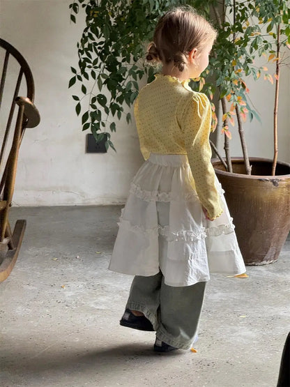 長袖Tシャツ キッズトップス フラワー小花柄ハイネック長袖パフスリーブカットソーTシャツ【mh-0008895】