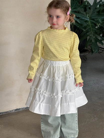 長袖Tシャツ キッズトップス フラワー小花柄ハイネック長袖パフスリーブカットソーTシャツ【mh-0008895】