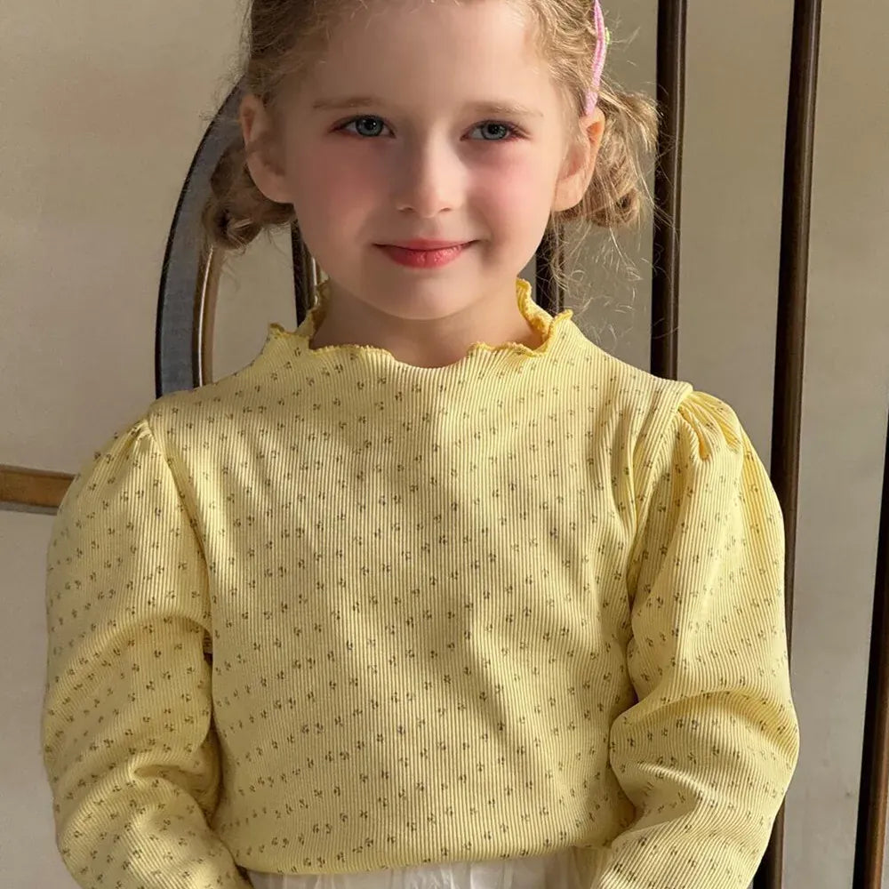 長袖Tシャツ キッズトップス フラワー小花柄ハイネック長袖パフスリーブカットソーTシャツ【mh-0008895】