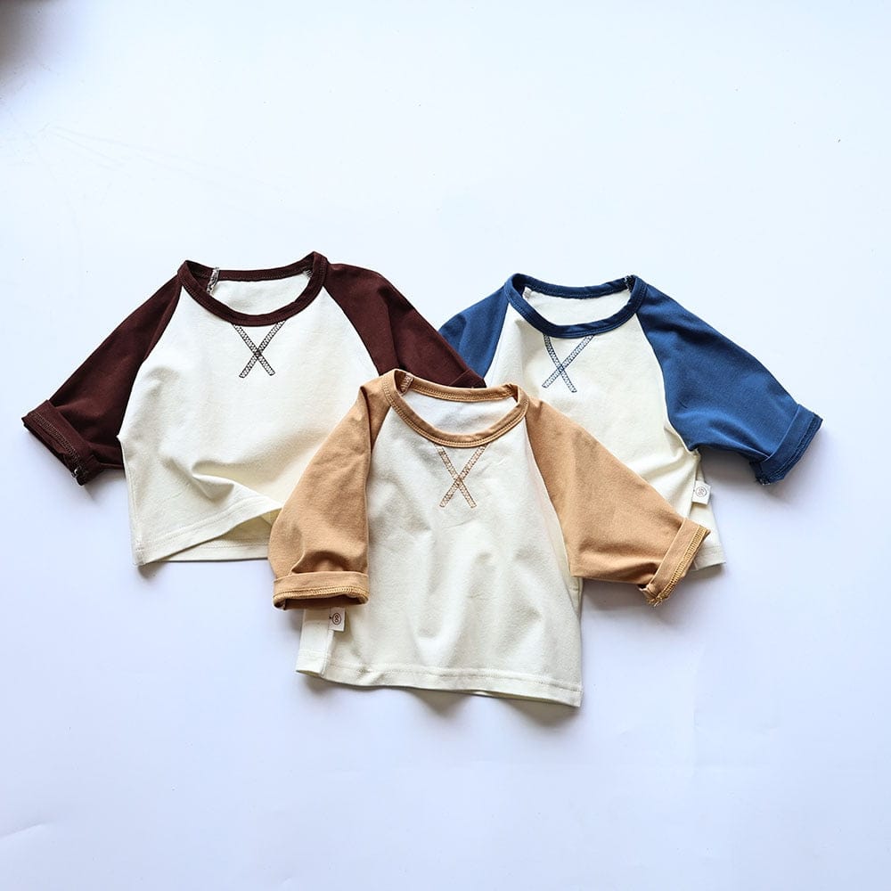 長袖Tシャツ ベビー シンプル ベーシック パッチワーク ラグラン 長袖 Tシャツ トップス ボーイズ【mh0002745】