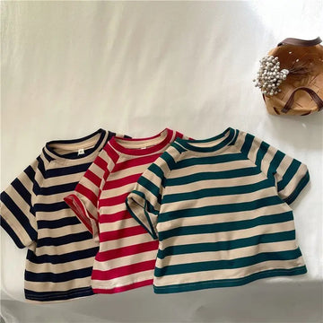 半袖Tシャツ キッズトップス ショートスリーブ Tシャツ コットン ベビー 男女兼用 カジュアル ストライプ柄【mh0005559】