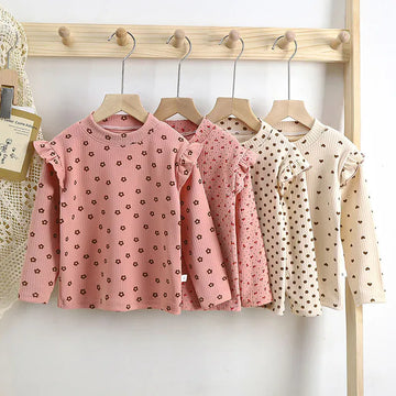 長袖Tシャツ キッズジュニアトップス ショルダーフリル 長袖Tシャツ フラワー花柄/ハートプリント【mh0006450】