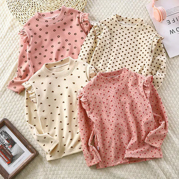 長袖Tシャツ キッズジュニアトップス ショルダーフリル 長袖Tシャツ フラワー花柄/ハートプリント【mh0006450】