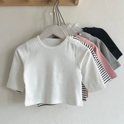 長袖Tシャツ ベビートップス 無地/ボーダー肩あき長袖Tシャツ シンプルベーシック【mh0006790】