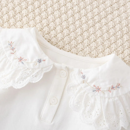 長袖Tシャツ キッズトップス レースフラワー刺繍襟長袖Tシャツブラウス ホワイト【mh0007223】
