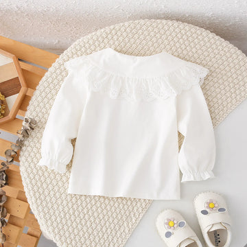 長袖Tシャツ キッズトップス レースフラワー刺繍襟長袖Tシャツブラウス ホワイト【mh0007223】