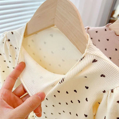 長袖Tシャツ キッズトップス ハートプリントボトルネック長袖パフスリーブTシャツカットソー【mh0007693】