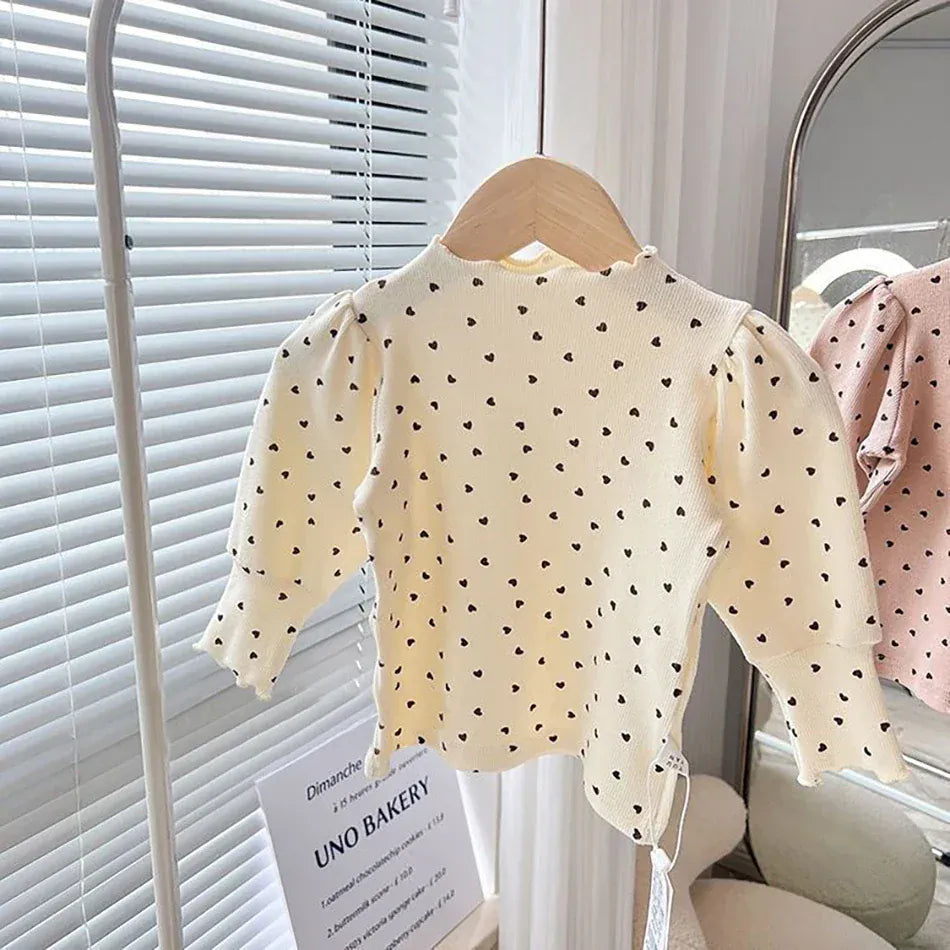 長袖Tシャツ キッズトップス ハートプリントボトルネック長袖パフスリーブTシャツカットソー【mh0007693】