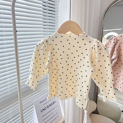 長袖Tシャツ キッズトップス ハートプリントボトルネック長袖パフスリーブTシャツカットソー【mh0007693】