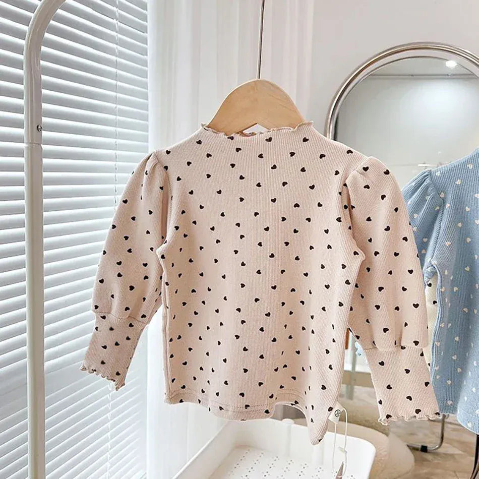 長袖Tシャツ キッズトップス ハートプリントボトルネック長袖パフスリーブTシャツカットソー【mh0007693】