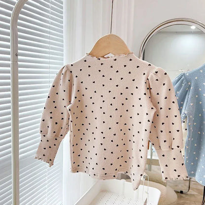 長袖Tシャツ キッズトップス ハートプリントボトルネック長袖パフスリーブTシャツカットソー【mh0007693】