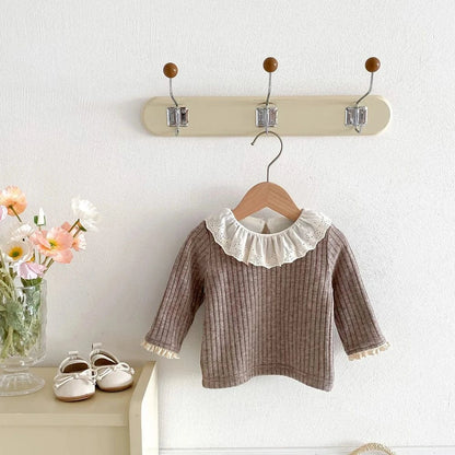 長袖Tシャツ ベビートップス 裏フリースラッフル襟長袖Tシャツブラウス【mh0007716】