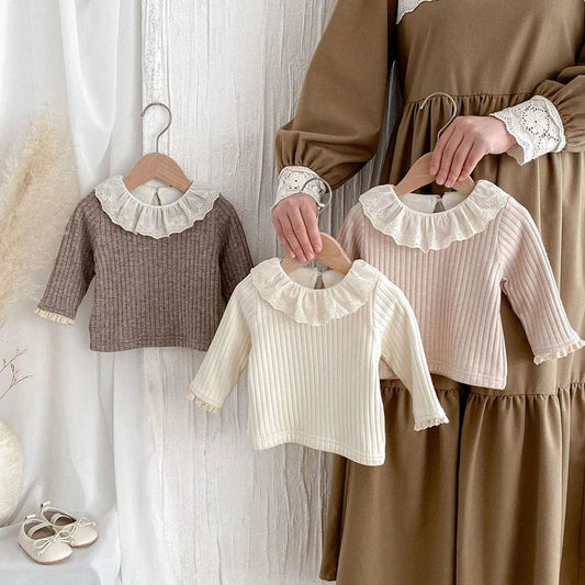 長袖Tシャツ ベビートップス 裏フリースラッフル襟長袖Tシャツブラウス【mh0007716】