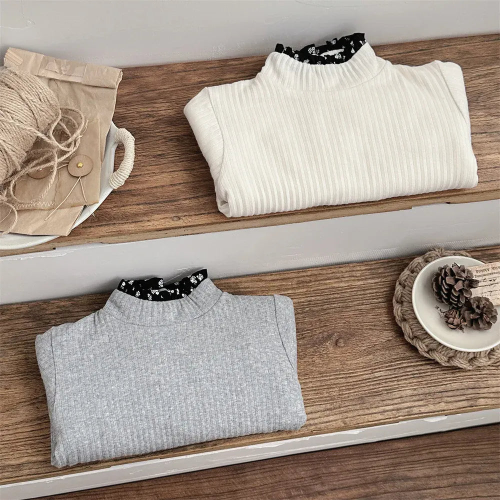 長袖Tシャツ ベビートップス フラワープリントアクセント裏フリースハイネック長袖Tシャツ【mh0007723】