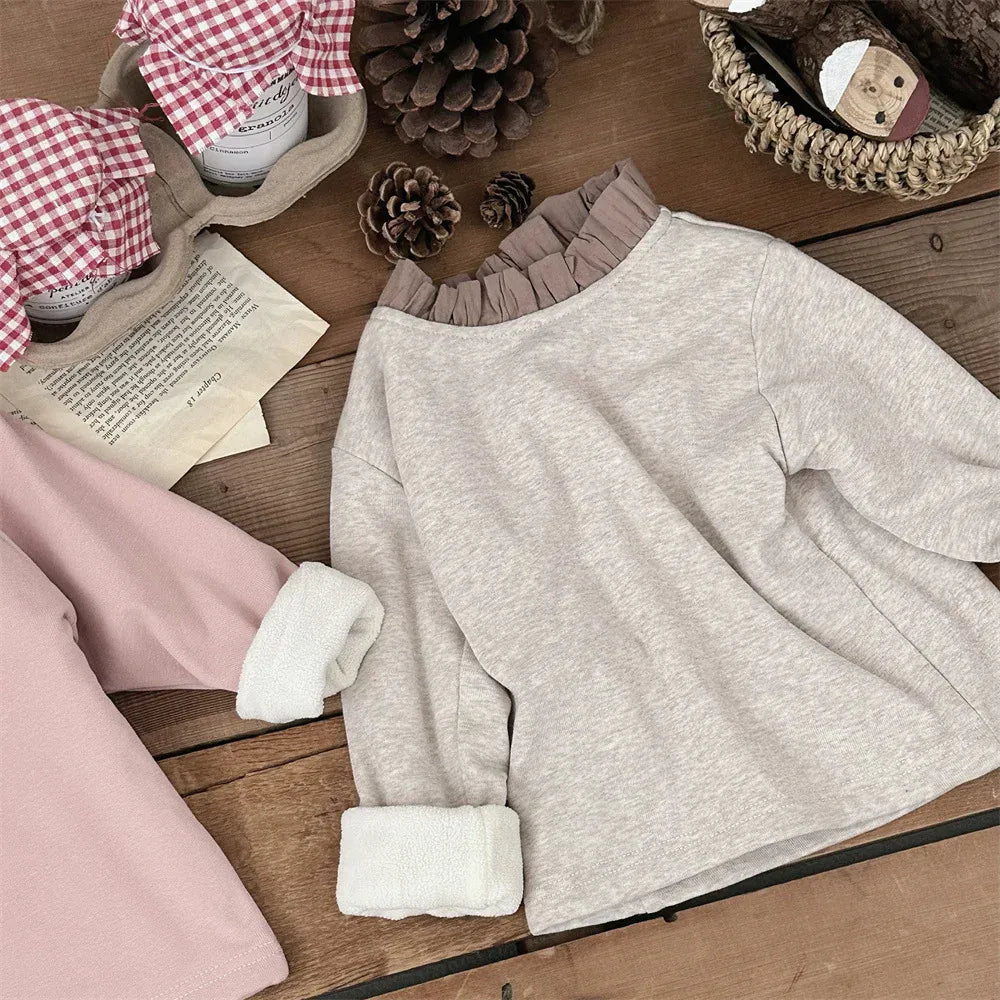 長袖Tシャツ ベビートップス レースフリルスタンドカラー裏フリース長袖Tシャツ【mh0007724】