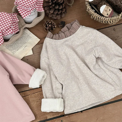 長袖Tシャツ ベビートップス レースフリルスタンドカラー裏フリース長袖Tシャツ【mh0007724】