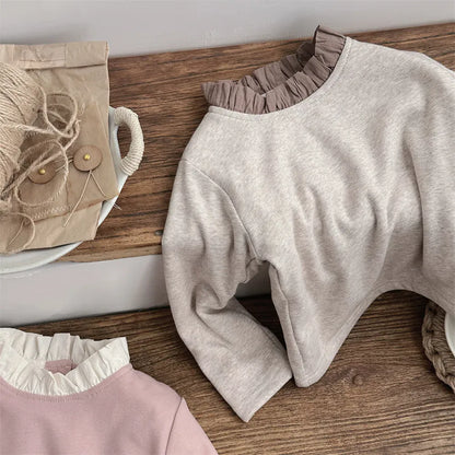 長袖Tシャツ ベビートップス レースフリルスタンドカラー裏フリース長袖Tシャツ【mh0007724】